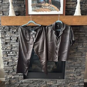 Black Satin‎ Pajama Set with White Trim